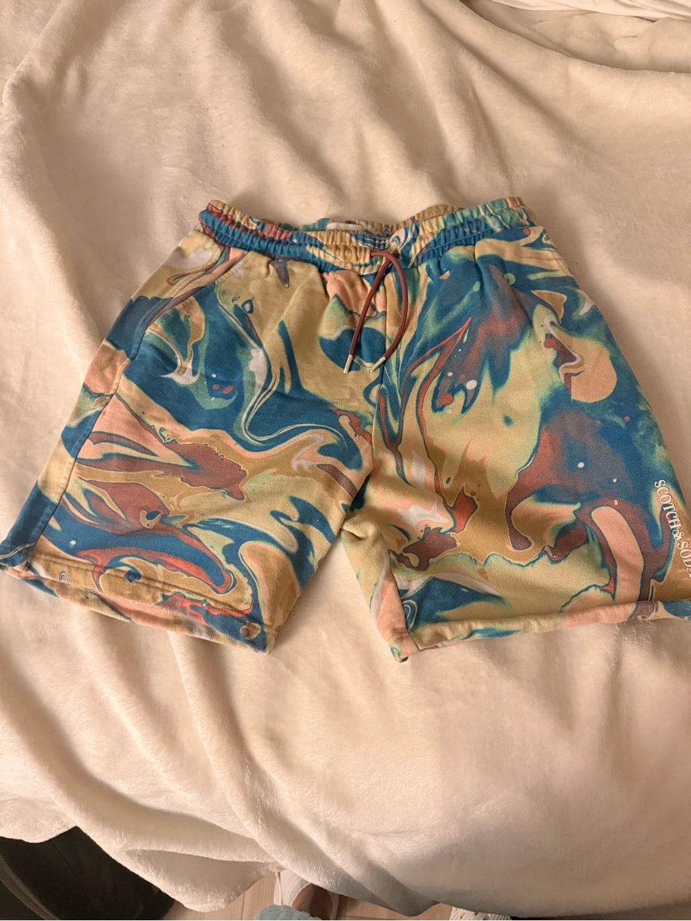 Scotch & Soda Blue and Tan Marble-Printed Casual Shorts